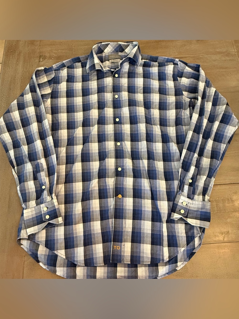 Thomas Dean Men's Size XL Blue Plaid Long Sleeve Button Down Shirt Cotton